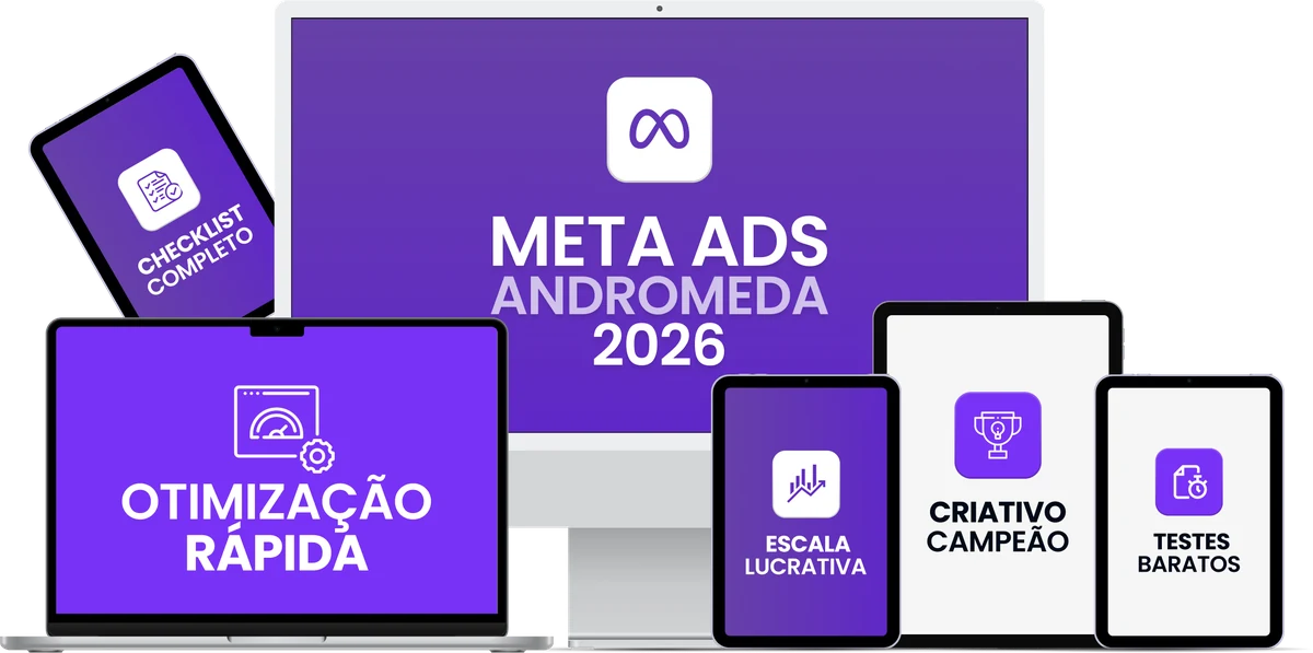 Mockup do método Meta Ads Andromeda 2026 com os cinco bônus